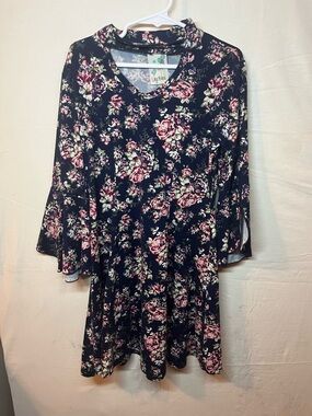 Lily Bleu Navy Floral Tea Dress with Pink and Cream Accents